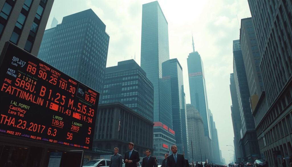 A bustling financial district with towering skyscrapers casting long shadows across the streets below. The sky is a hazy mix of grays and blues, reflecting the current state of the markets. In the foreground, a digital stock ticker displays a range of fluctuating numbers, capturing the volatility and uncertainty of the current market trends. In the middle ground, a group of well-dressed professionals hurry along the sidewalk, their expressions a mix of concern and determination. The overall atmosphere conveys a sense of unease and cautious optimism, as investors navigate the ebbs and flows of the real estate investment trust (REIT) performance.