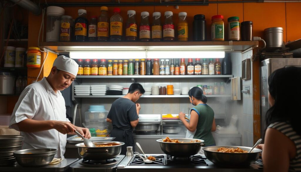 A bustling hawker stall set against a warm, vibrant backdrop. In the foreground, a team of skilled chefs meticulously prepare a signature dish - the beloved Mee Rebus, its fragrant gravy bubbling on the stove. Shelves behind the counter display a legacy of spices, sauces, and family recipes passed down through generations. Soft, natural lighting illuminates the scene, casting a cozy glow over the hardworking hands and the customers eagerly awaiting their feast. The air is thick with the aroma of simmering spices, transporting the senses to the heart of Singaporean culinary tradition - Rahim Muslim Food, a cherished institution upholding the flavors of the past.