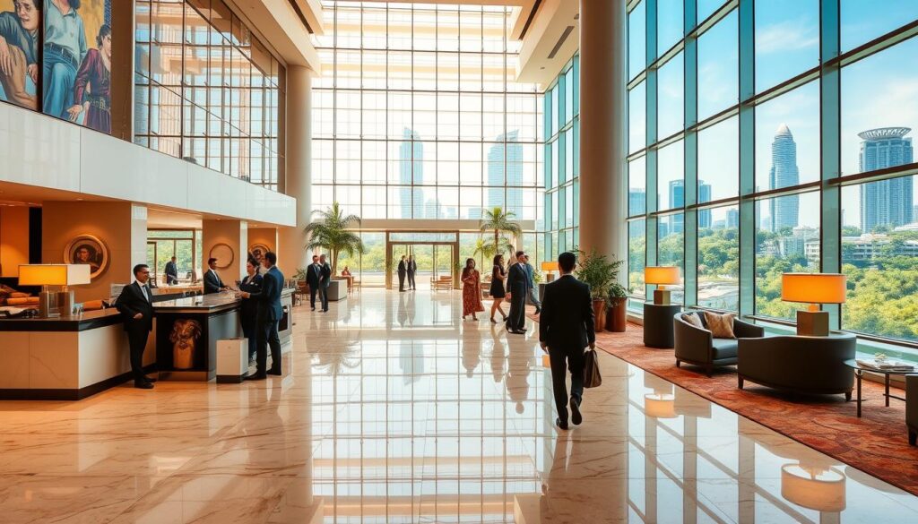 A bustling hotel lobby in the heart of Singapore's vibrant hospitality district. Gleaming marble floors and a towering glass atrium flood the space with warm, natural light. Smartly dressed concierges greet guests at the front desk, while elegant furnishings and contemporary artwork create an ambiance of refined sophistication. In the background, a panoramic view showcases the city's iconic skyscrapers and lush, tropical greenery. The overall scene radiates a sense of modern luxury, efficiency, and the quintessential Singaporean hospitality that draws travelers from around the world.