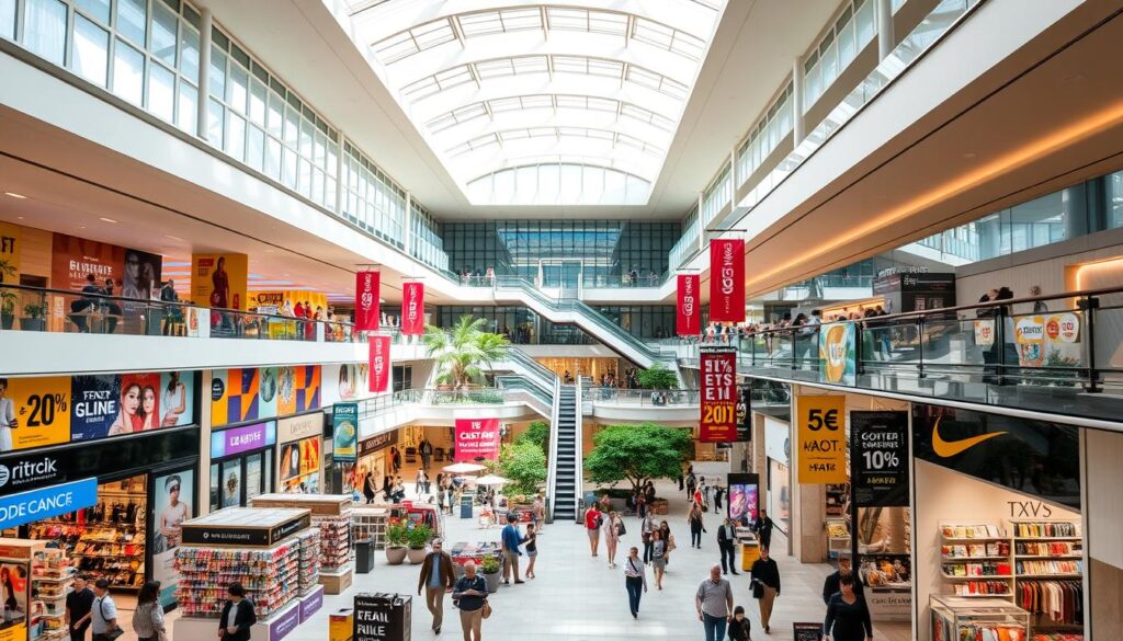 A bustling indoor shopping mall, bathed in warm natural lighting filtering through skylights. In the foreground, a variety of retail stores and boutiques showcase vivid product displays, promotional signs, and enticing sales banners. Shoppers browse through the aisles, examining discounted merchandise. In the middle ground, a central atrium features a grand, modern staircase and escalators connecting the different levels. Lush greenery and seating areas create a relaxing ambiance. The background reveals a sweeping panoramic view of the mall's architecture, with sleek glass facades and minimalist design elements. An atmosphere of excitement and discovery as savvy consumers hunt for the best deals and clearance sales.