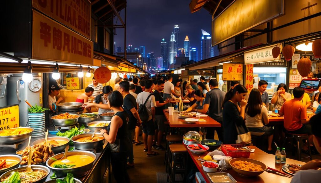 A bustling late-night hawker center in Singapore, illuminated by warm, golden light. In the foreground, a diverse array of mouth-watering dishes - from steaming bowls of fragrant laksa to sizzling satay skewers, accompanied by colorful, fresh garnishes. The middle ground features the lively atmosphere, with local Singaporeans and curious diners gathered around communal tables, engaged in lively conversation. In the background, the iconic Singapore skyline and towering buildings create a captivating urban backdrop, hinting at the city's vibrant, round-the-clock culinary scene.
