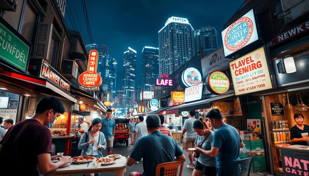 A bustling late-night street in Singapore, neon-lit signs illuminating a vibrant array of food stalls and hole-in-the-wall eateries. The air is thick with the aroma of sizzling seafood, char-grilled meats, and fragrant spices. In the foreground, a group of friends huddled around a plastic table, eagerly devouring plates of steaming, fragrant Singaporean delicacies. The middle ground features a diverse array of stalls, each with its own unique menu and atmosphere, from the brightly-lit hawker center to the cozy, intimate cafes. In the background, the towering skyscrapers of the city skyline provide a dramatic backdrop, creating a sense of energy and dynamism. The scene is bathed in a warm, inviting glow, capturing the vibrant, late-night spirit of Singaporean supper culture.