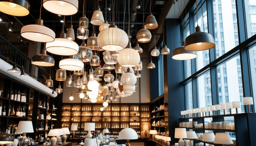 A bustling lighting shop in the heart of Singapore, showcasing a diverse collection of contemporary and classic luminaires. In the foreground, an array of pendant lights hangs from the high ceilings, casting a warm, inviting glow. The middle ground features a curated selection of floor lamps and table lamps, each with its own distinct design and functionality. In the background, rows of shelves display an extensive range of lighting accessories and bulbs, catering to the diverse needs of discerning customers. The overall atmosphere is one of sophistication and elegance, with sleek, minimalist decor and large windows that flood the space with natural light. A bustling lighting shop in the heart of Singapore, showcasing a diverse collection of contemporary and classic luminaires. In the foreground, an array of pendant lights hangs from the high ceilings, casting a warm, inviting glow. The middle ground features a curated selection of floor lamps and table lamps, each with its own distinct design and functionality. In the background, rows of shelves display an extensive range of lighting accessories and bulbs, catering to the diverse needs of discerning customers. The overall atmosphere is one of sophistication and elegance, with sleek, minimalist decor and large windows that flood the space with natural light.