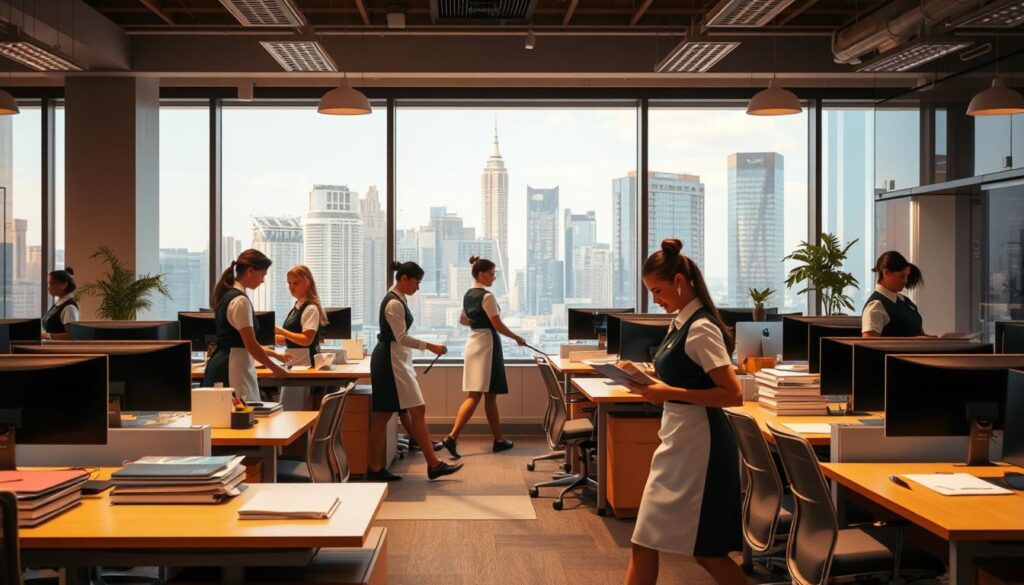 A bustling office scene, with desks and chairs arranged in an efficient layout. The lighting is bright and warm, casting a welcoming glow over the space. In the foreground, a team of professional maids is working quickly and diligently, their uniforms crisp and their movements fluid. They are cleaning surfaces, organizing documents, and attending to the needs of the office staff with a sense of urgency and attention to detail. In the background, a panoramic window offers a view of a vibrant city skyline, reinforcing the idea of a fast-paced, modern work environment. The atmosphere is one of productivity, reliability, and a commitment to providing exceptional service.