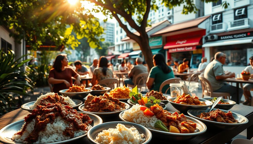 A bustling outdoor dining scene in a vibrant Singaporean neighborhood, showcasing the flavors of Bandung. In the foreground, a table laden with an array of traditional West Javanese dishes - fragrant rice, succulent rendang, crisp-fried tempeh, and colorful vegetable sides. Bathed in warm, diffused sunlight filtering through lush foliage, creating a welcoming, intimate atmosphere. In the middle ground, patrons enjoy their meals, engaged in lively conversation. The background features a harmonious blend of colonial-era shophouses and modern high-rises, capturing the multicultural essence of the city-state. Rendered with a soft, painterly aesthetic that evokes the artisanal quality of the cuisine.