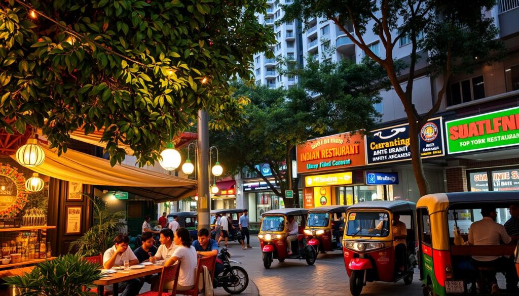 A bustling outdoor scene in Singapore's Little India neighborhood, showcasing the vibrant and authentic atmosphere of the top Indian restaurants. In the foreground, a group of people dining al fresco at a charming, traditional-style eatery, surrounded by lush foliage and colorful string lights. The middle ground features the facade of several renowned Indian restaurants, their signage and decor reflecting the rich cultural heritage. The background captures the lively street life, with a mix of pedestrians, tuk-tuks, and the iconic HDB flats providing a distinctive Singaporean backdrop. Warm, golden lighting casts a cozy glow over the entire scene, creating an inviting and immersive ambiance. A bustling outdoor scene in Singapore's Little India neighborhood, showcasing the vibrant and authentic atmosphere of the top Indian restaurants. In the foreground, a group of people dining al fresco at a charming, traditional-style eatery, surrounded by lush foliage and colorful string lights. The middle ground features the facade of several renowned Indian restaurants, their signage and decor reflecting the rich cultural heritage. The background captures the lively street life, with a mix of pedestrians, tuk-tuks, and the iconic HDB flats providing a distinctive Singaporean backdrop. Warm, golden lighting casts a cozy glow over the entire scene, creating an inviting and immersive ambiance.