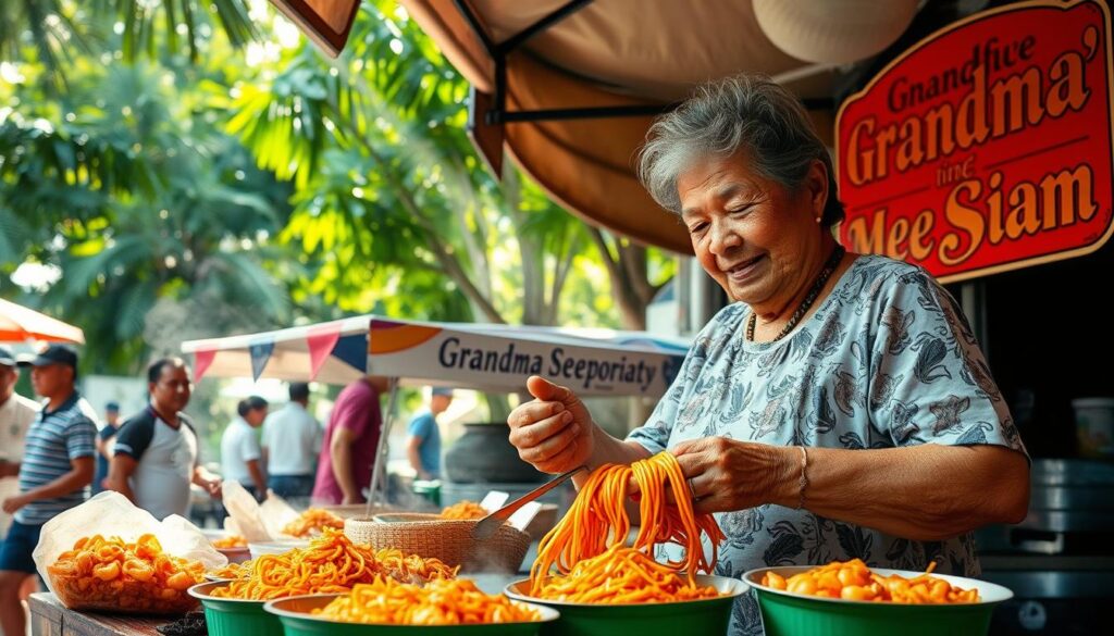 A bustling outdoor stall set against a backdrop of lush tropical foliage. Sunlight filters through the shade canopy, casting a warm glow on the display of steaming, freshly cooked mee siam. The stall's owner, an elderly woman with a kind, weathered face, tenderly ladles the vibrant orange noodles into takeaway containers. The aromatic blend of spices, tamarind, and fresh shrimp fills the air, beckoning passersby to indulge in this time-honored Singaporean delicacy. Intricate hand-painted signage adorns the stall's facade, showcasing the family's proud heritage. This is the essence of "Grandma Mee Siam" - a timeless tradition passed down through generations, still capturing the hearts and palates of Singapore's food-loving community.