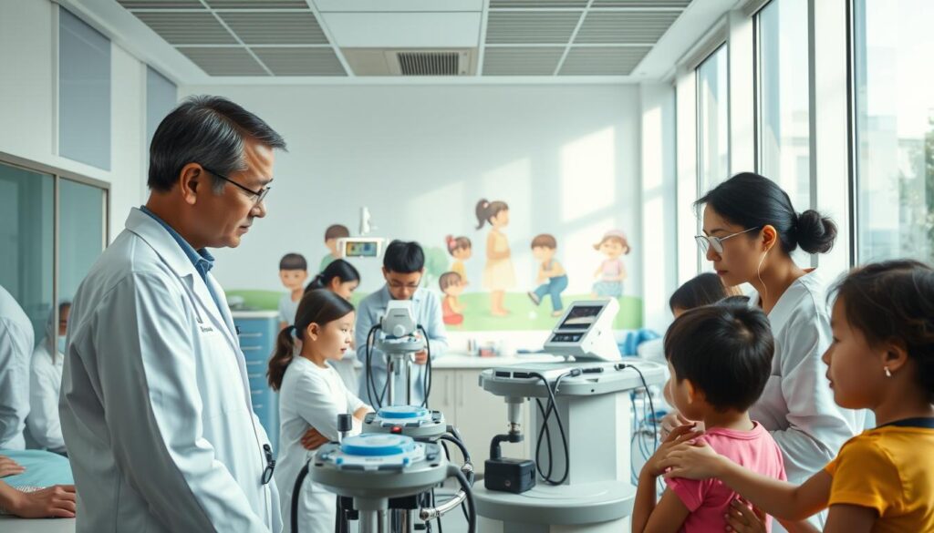 A bustling pediatric gastroenterology clinic in Singapore, filled with natural light streaming through large windows. In the foreground, a team of dedicated doctors and nurses tend to a group of children, examining them with care and compassion. The middle ground showcases state-of-the-art medical equipment, including an endoscope and a range of diagnostic tools. In the background, a soothing, pastel-colored mural depicts scenes of happy, healthy children, creating a calming and reassuring atmosphere. The lighting is soft and diffuse, highlighting the professionalism and expertise of the medical staff as they address the unique digestive needs of their young patients.