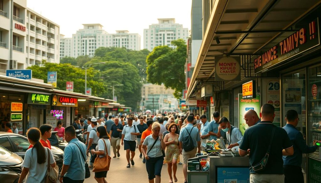 A bustling scene unfolds on the streets of Marine Parade, Singapore. In the foreground, money changers stand behind their counters, meticulously exchanging currencies as passersby negotiate rates. The middle ground captures the vibrant atmosphere, with locals and tourists mingling amidst the colorful storefronts and neon signs. In the background, the iconic HDB flats and lush greenery create a distinctive Singaporean cityscape, bathed in the warm, golden glow of the afternoon sun. The image conveys a sense of energy, efficiency, and the unique character of the Marine Parade money exchange hub.