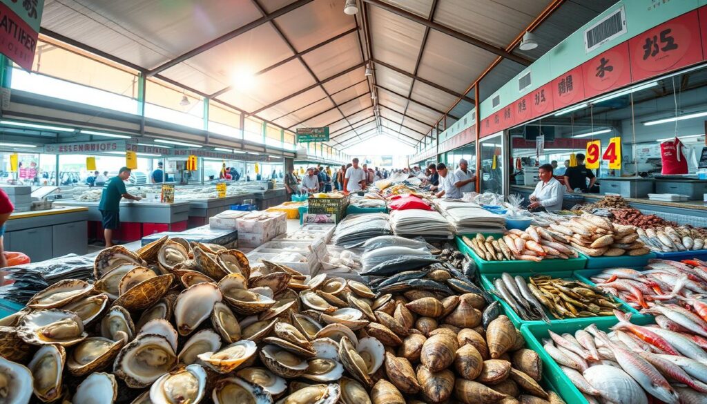 A bustling seafood market in Greenwood, Singapore, featuring a vibrant array of fresh catches displayed under the warm glow of natural sunlight filtering through the open-air canopy. In the foreground, a display of glistening oysters and clams invites passersby to indulge in the local delicacies. The middle ground showcases a variety of fish, shrimp, and other marine life, skillfully arranged by the market vendors. In the background, the market stalls extend into the distance, creating a sense of energy and activity. The scene is captured through a wide-angle lens, emphasizing the dynamic atmosphere and the abundance of high-quality seafood available at this iconic Singaporean landmark.