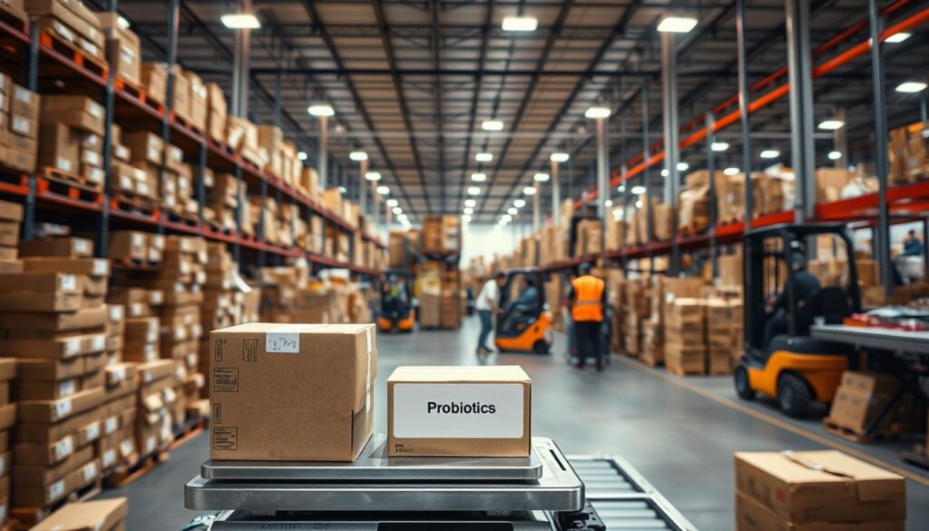 A bustling shipping warehouse with stacks of cardboard boxes, conveyor belts, and workers carefully packing orders. Bright, overhead lighting illuminates the scene, casting sharp shadows and giving a sense of efficiency and organization. In the foreground, a single box labeled "Probiotics" sits on a scale, its weight being carefully measured. The background features rows of shelving, forklifts, and the distant hum of machinery, conveying the scale and logistics of a modern shipping operation. The overall atmosphere is one of careful, thoughtful preparation - the perfect illustration for the section on affordable shipping of probiotics to Singapore.