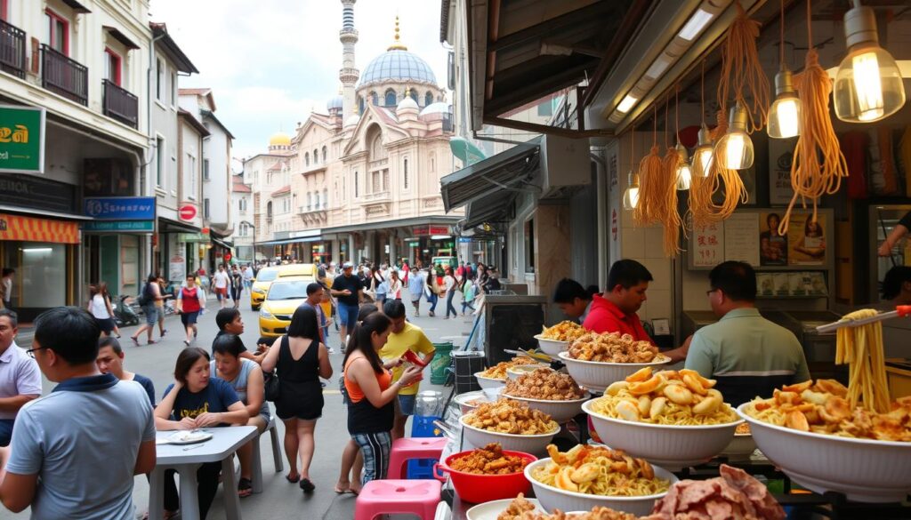 A bustling street in Bugis, Singapore, filled with the enticing aroma of freshly prepared wanton mee. In the foreground, a crowded open-air hawker stall, its counters piled high with steaming bowls of noodles, shrimp dumplings, and crisp-fried pork. Patrons gather around small plastic tables, savoring the complex blend of flavors - salty, savory, and slightly spicy. In the middle ground, the vibrant sights and sounds of the Bugis neighborhood come to life, with colorful shop facades, bustling pedestrians, and the occasional passing vehicle. The background is a tapestry of historic architecture, from ornate shophouses to the grand domes of nearby mosques, reflecting the multicultural heritage of this dynamic Singapore district.