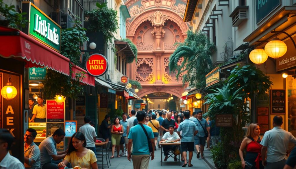 A bustling street in Singapore's Little India, lined with vibrant restaurants and shops. In the foreground, colorful facades beckon diners, their aromas mingling with the sounds of lively conversation. Midground, groups of friends and families gather at outdoor tables, savoring authentic Indian dishes. In the background, intricate architectural details and lush greenery create a rich, immersive atmosphere. Warm, golden lighting casts a cozy glow, inviting exploration and discovery. A feast for the senses, this image captures the vibrant, welcoming spirit of dining in Singapore's iconic Little India. A bustling street in Singapore's Little India, lined with vibrant restaurants and shops. In the foreground, colorful facades beckon diners, their aromas mingling with the sounds of lively conversation. Midground, groups of friends and families gather at outdoor tables, savoring authentic Indian dishes. In the background, intricate architectural details and lush greenery create a rich, immersive atmosphere. Warm, golden lighting casts a cozy glow, inviting exploration and discovery. A feast for the senses, this image captures the vibrant, welcoming spirit of dining in Singapore's iconic Little India.