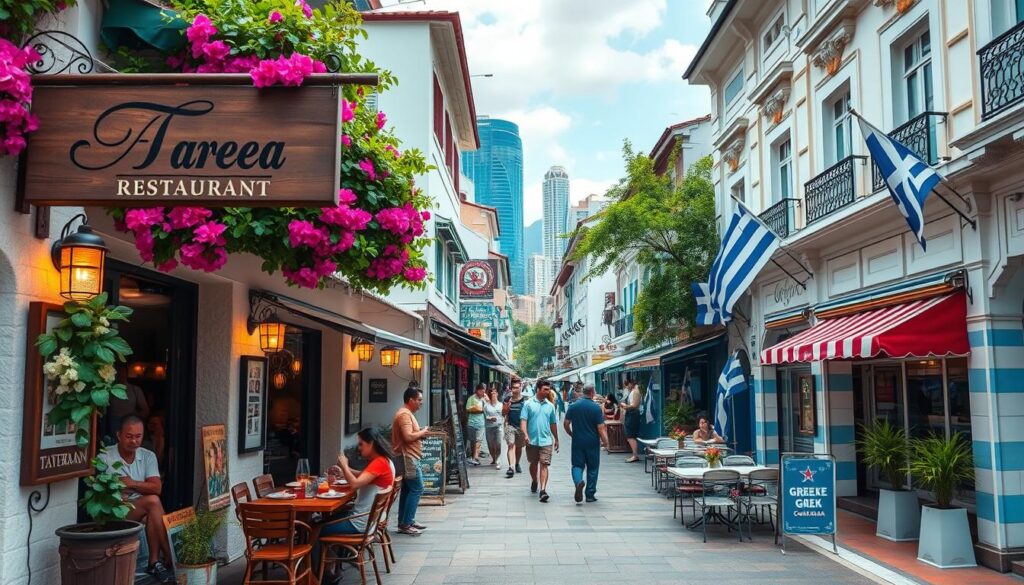 A bustling street in Singapore's vibrant Chinatown, lined with charming Greek restaurants. In the foreground, a cozy taverna with whitewashed walls, vibrant bougainvillea, and a wooden sign displaying its name in Greek script. Customers dine alfresco, savoring traditional dishes like moussaka and souvlaki, under the warm glow of string lights. The middle ground features other Greek eateries, their facades adorned with blue and white accents, Cycladic-inspired architecture, and the occasional Greek flag. In the background, a glimpse of the city's iconic skyline, blending the modern and the Mediterranean. The scene evokes the lively atmosphere of a Greek island, transported to the heart of multicultural Singapore.