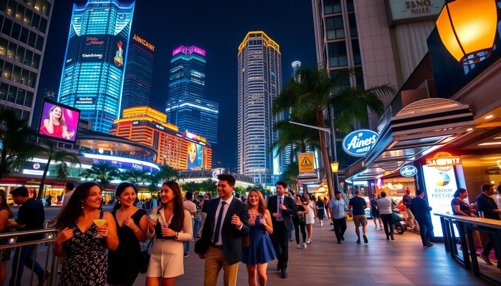 A bustling street in Singapore's vibrant nightlife district, with neon-lit skyscrapers and high-rise buildings in the background. In the foreground, a group of well-dressed people strolling along the sidewalk, carrying colorful cocktails and laughing. Overhead, a warm, golden glow from the street lamps casts a inviting atmosphere. The scene is captured through a wide-angle lens, creating a sense of depth and energy. Hints of live music and lively chatter can be heard in the distance, beckoning viewers to explore this lively, cosmopolitan nightlife experience.