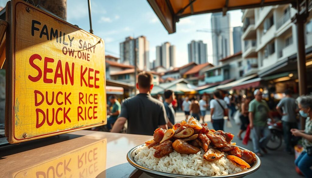A bustling street in a vibrant Singaporean neighborhood. In the foreground, a family-owned hawker stall with a weather-worn, hand-painted sign that reads "Sean Kee Duck Rice". The stall is bathed in warm, golden light, casting soft shadows on the polished countertop. Behind the stall, a customer eagerly anticipates a plate of the signature dish - tender, succulent duck meat atop a bed of fragrant, steaming white rice, garnished with crisp, golden-brown roasted garlic. The middle ground features the bustling energy of the local market, with vendors and patrons moving through the scene. In the background, a mix of traditional shophouses and modern high-rises frame the lively urban landscape.