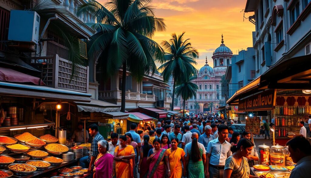 A bustling street in the heart of Singapore's Little India, bathed in warm, vibrant lighting. In the foreground, an array of colorful spices, aromatic curries, and sizzling street food stalls captivate the senses. Vibrant saris and intricate henna designs adorn the local patrons, who weave through the lively crowds. In the middle ground, historic shophouses with ornate facades showcase the neighborhood's rich cultural heritage. The background is a tapestry of towering palm trees, glistening temple domes, and a sunset sky that paints the scene in a golden glow. A symphony of lively chatter, the clanging of pots, and the fragrance of exotic spices create an immersive culinary adventure.