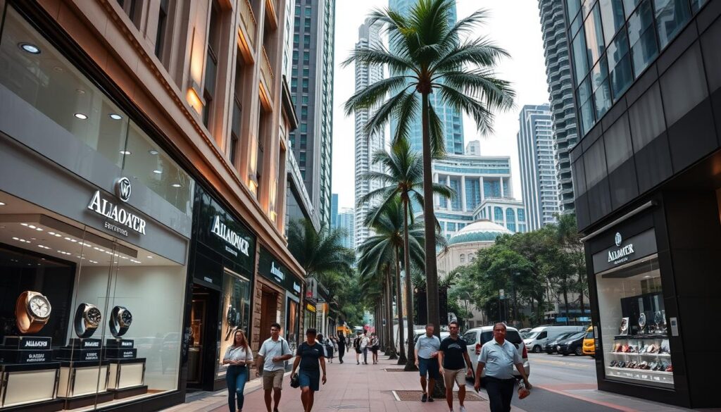 A bustling streetscape in downtown Singapore, with a row of high-end watch boutiques lining the sidewalk. The facades are adorned with elegant signage and large display windows showcasing an array of gleaming timepieces. Pedestrians casually stroll by, admiring the luxurious watches on offer. The scene is bathed in warm, diffused lighting, creating a welcoming, upscale ambiance. In the background, towering skyscrapers and lush palm trees frame the vibrant, cosmopolitan setting. The overall composition conveys a sense of sophistication and the city's reputation as a premier shopping destination for fine watches.