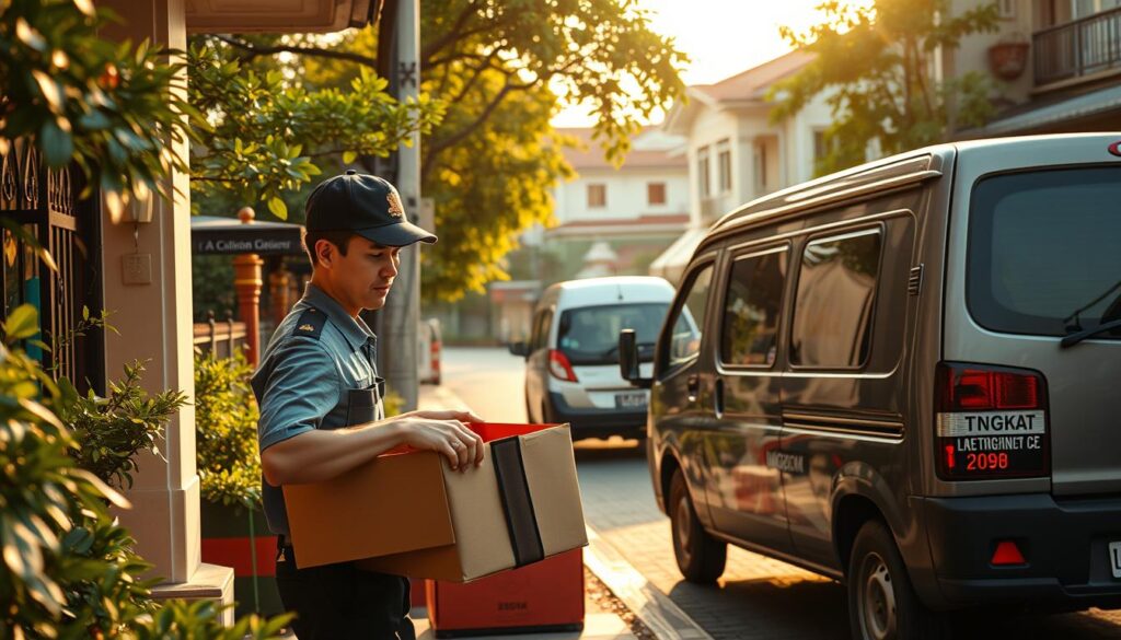 A bustling tingkat delivery scene unfolding in the morning light. In the foreground, a uniformed deliverer carefully places a traditional tingkat container on a doorstep, conveying the care and attention to detail in the process. In the middle ground, a well-maintained delivery vehicle waits patiently, its sides emblazoned with the company logo. The background reveals a vibrant neighborhood, with lush greenery and quaint shophouses setting the authentic Singaporean ambiance. Soft, warm lighting illuminates the scene, evoking a sense of comfort and community. The overall composition captures the essence of the tingkat delivery experience - efficient, reliable, and steeped in local tradition.