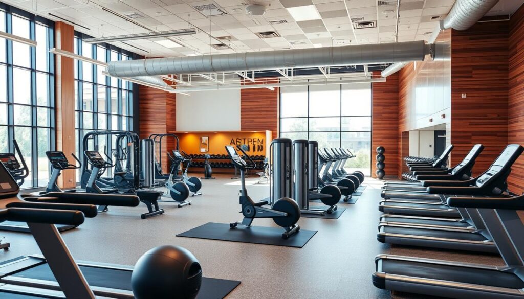 A bustling, well-equipped gym interior with a spacious, well-lit workout area. The foreground features sleek, modern exercise equipment like treadmills, weight racks, and yoga mats arranged in an inviting layout. The middle ground showcases large windows allowing natural light to flood the space, creating a bright, energetic atmosphere. In the background, wooden accents and minimalist decor give the gym a sophisticated, upscale ambiance. Soft, directional lighting highlights the clean, minimalist design and creates a warm, motivating environment perfect for an Anytime Fitness location.