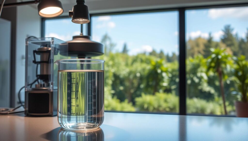 A clean, well-lit laboratory setting with modern scientific equipment. In the foreground, a transparent glass beaker filled with clear, filtered water, reflecting the light from a focused lamp above. In the middle ground, a state-of-the-art water purification system, its intricate inner workings visible through a transparent casing. In the background, a panoramic view of a lush, verdant garden, suggesting the natural, healthful benefits of pure, filtered water. Soft, diffuse lighting casts a warm, inviting glow over the scene, emphasizing the purity and vitality of the filtered water. A sense of scientific precision and environmental harmony permeates the composition.