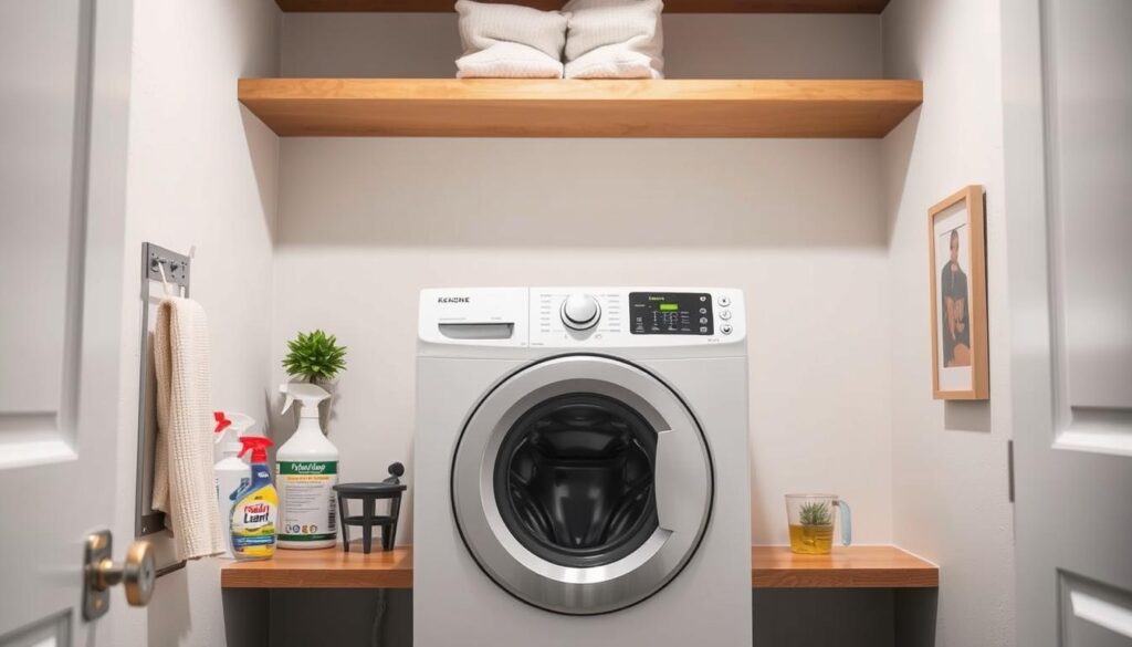 A clean, well-lit utility room with a front-load washing machine as the focal point. The machine is surrounded by cleaning supplies, a lint trap, and a measuring cup - all neatly arranged on a wooden shelf. A small plant and a framed art piece add a touch of warmth to the space. Soft, indirect lighting casts a gentle glow, creating a sense of order and efficiency. The overall mood is one of practical, streamlined maintenance, inviting the viewer to consider the important steps required to keep a front-load washer in top condition.
