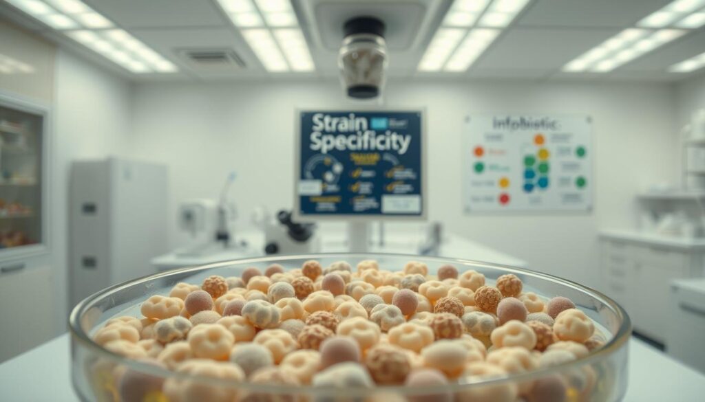 A clinical laboratory setting with bright, evenly distributed lighting and a crisp, professional atmosphere. In the foreground, a petri dish filled with a diverse array of bacterial colonies, each exhibiting unique morphological characteristics. The middle ground features scientific instruments and equipment, including a microscope and pipettes, conveying the meticulous process of strain identification. The background showcases a wall-mounted display or infographic illustrating the concept of "strain specificity", with clear labels and visual cues highlighting the importance of selecting the right probiotic strain for individual needs. The overall composition emphasizes the scientific rigor and attention to detail required for effective probiotic selection.