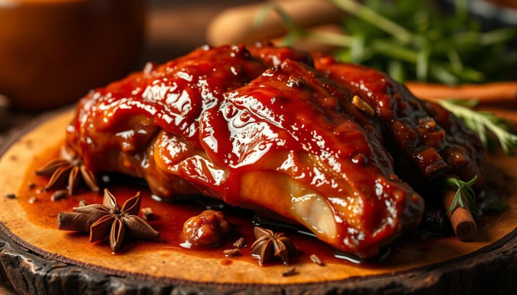 A close-up shot of a boneless braised duck dish, presented on a rustic wooden table. The tender, succulent duck meat glistens under warm, directional lighting, its rich, mahogany-colored skin complemented by a glossy, caramelized glaze. Aromatic herbs and spices, such as star anise and cinnamon, are scattered around the dish, hinting at the complex flavors within. The background is softly blurred, allowing the duck to be the focal point, conveying a sense of Michelin-worthy quality and craftsmanship. The overall mood is one of comfort, tradition, and culinary excellence.