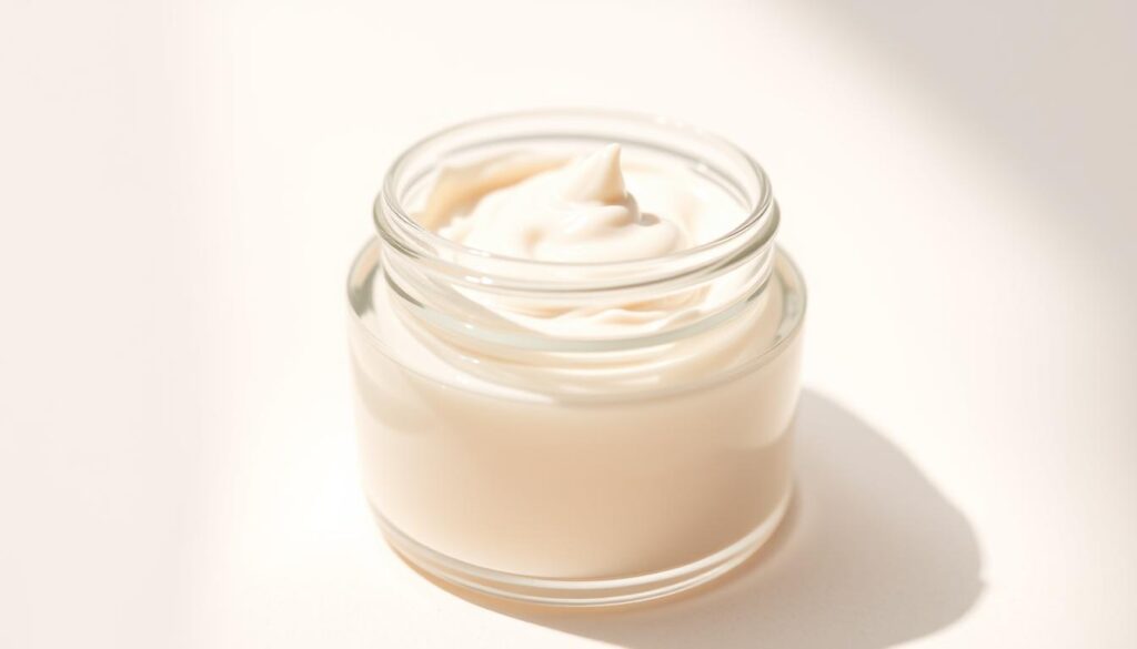 A close-up shot of a glass jar filled with smooth, creamy mineral sunscreen. The formula has a natural, slightly tinted appearance, reflecting the mineral-based UV protection ingredients. The jar is positioned on a clean, minimalist background, allowing the sunscreen to be the focal point. Soft, natural lighting casts a warm glow on the product, highlighting its luxurious texture and soothing, skin-nourishing properties. The overall image conveys a sense of purity, efficacy, and gentle care for sensitive skin types.