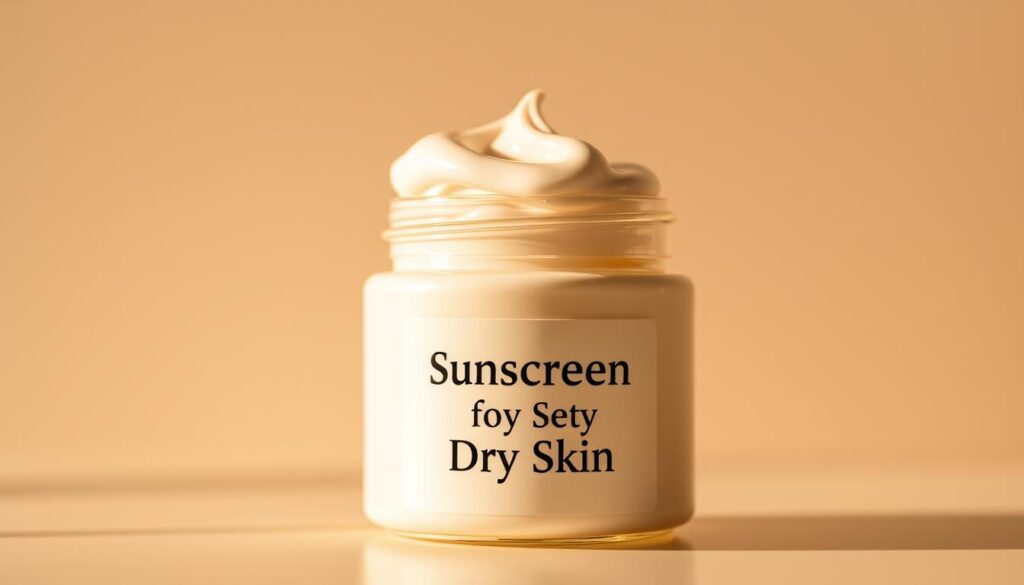 A close-up shot of a jar of high-quality sunscreen for dry skin, illuminated by soft, warm lighting from above. The sunscreen has a rich, creamy texture and is packaged in a sleek, minimalist container with a matte finish. The label prominently displays the product's purpose: "Sunscreen for Dry Skin". The background is a muted, neutral tone, placing the sunscreen jar at the center of attention. The overall composition conveys a sense of luxury, effectiveness, and care for delicate, dehydrated complexions.
