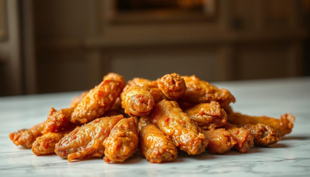A close-up shot of a pile of luxuriously crispy and golden fried chicken wings, glistening with a delicate glaze and resting on a white marble surface. The chicken is presented in a high-end, elegant setting, with a soft, warm lighting illuminating the scene from above, casting subtle shadows and highlights that accentuate the dish's succulent and decadent appearance. The background is blurred, allowing the focus to remain solely on the mouthwatering chicken, evoking a sense of refinement and culinary excellence.