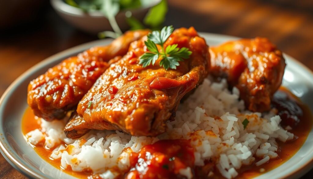 A close-up shot of a plate of aromatic and crispy fried duck, the skin glistening with a golden-brown hue. The duck meat, juicy and tender, is nestled atop a bed of fragrant white rice. Surrounding the plate are fresh herbs and a tangy, spicy sambal sauce, adding depth and complexity to the dish. The lighting is warm and natural, casting a soft glow on the scene. The camera angle is slightly elevated, showcasing the beautifully presented meal in all its glory. The overall mood is one of mouthwatering anticipation, inviting the viewer to savor the authentic flavors of Indonesian cuisine.