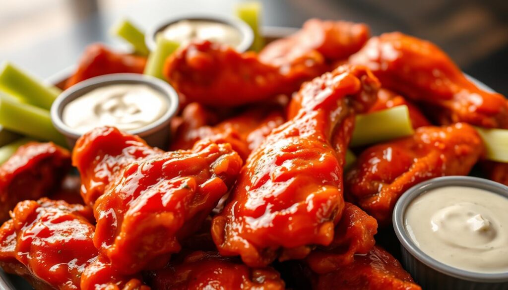 A close-up shot of a plate of freshly-prepared American-style buffalo wings. The wings are coated in a vibrant, glistening red buffalo sauce, with a hint of garlic and spices. Scattered around the wings are celery sticks and small ramekins filled with a creamy, cool blue cheese dip. The wings are arranged in an artful, casual manner, the perfect centerpiece for a cozy, casual dining experience. The lighting is warm and inviting, casting a soft glow on the dish. The camera angle is slightly elevated, putting the wings in the foreground with a blurred background, emphasizing the delicious, mouthwatering details.