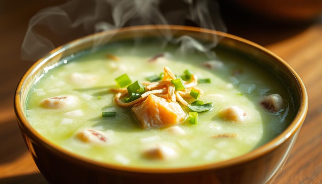 A close-up shot of a steaming bowl of frog porridge, the surface glistening with a vibrant, emerald-green hue. The porridge is delicately textured, with tender chunks of succulent frog meat and a silky, creamy consistency that beckons the senses. Freshly chopped scallions and crisp, fried shallots adorn the dish, adding a burst of color and a delicate crunch. The lighting is soft and natural, casting a warm, inviting glow over the scene, highlighting the porridge's freshness and allure. The composition places the bowl in the foreground, with a blurred background that suggests a cozy, authentic Singaporean setting, inviting the viewer to savor the comforting aroma and taste of this quintessential local delicacy. A close-up shot of a steaming bowl of frog porridge, the surface glistening with a vibrant, emerald-green hue. The porridge is delicately textured, with tender chunks of succulent frog meat and a silky, creamy consistency that beckons the senses. Freshly chopped scallions and crisp, fried shallots adorn the dish, adding a burst of color and a delicate crunch. The lighting is soft and natural, casting a warm, inviting glow over the scene, highlighting the porridge's freshness and allure. The composition places the bowl in the foreground, with a blurred background that suggests a cozy, authentic Singaporean setting, inviting the viewer to savor the comforting aroma and taste of this quintessential local delicacy.
