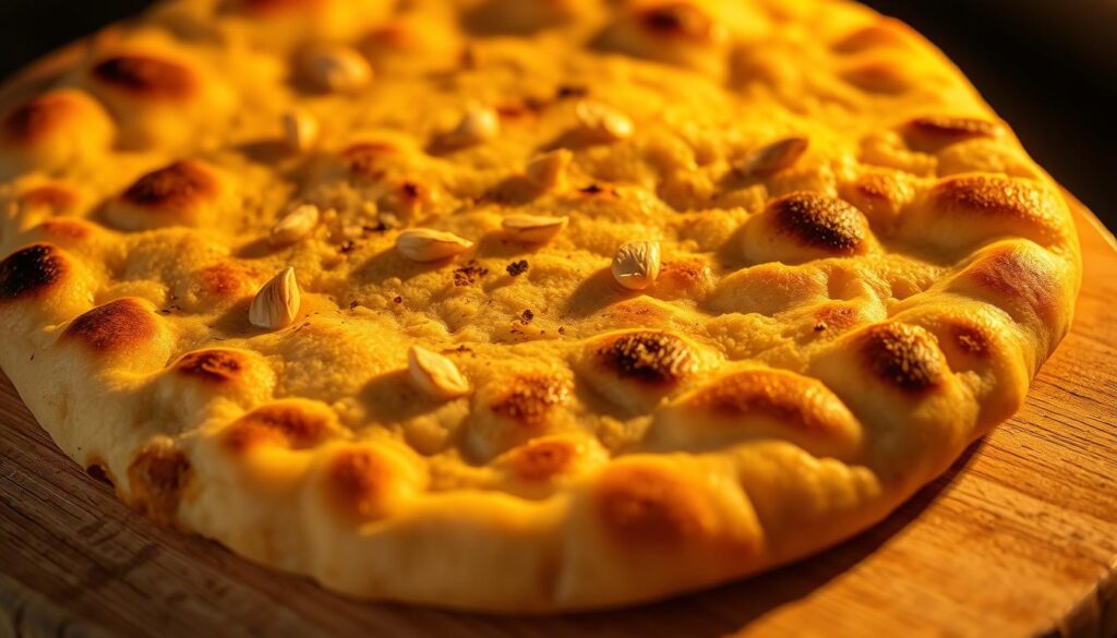A close-up shot of an authentic garlic naan, fresh from the tandoor oven, resting on a wooden board. The naan's surface is golden-brown, lightly charred at the edges, with visible air pockets and a soft, fluffy interior. Garlic cloves are evenly distributed across the naan, imparting a tantalizing aroma. Warm, indirect lighting casts a gentle glow, accentuating the naan's texture and highlighting its freshly-baked appearance. The image conveys the inviting, homemade quality of this traditional Indian flatbread, ready to be savored alongside a flavorful curry dish.