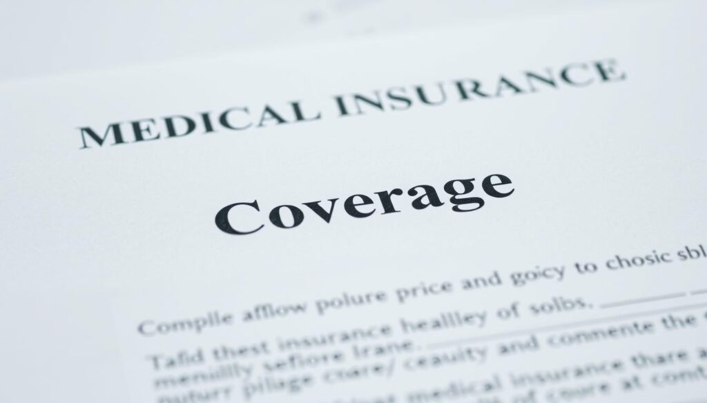 A close-up view of a medical insurance policy, with the word "Coverage" prominently displayed in the center. The policy is placed on a clean, minimalist background, with soft, diffused lighting illuminating the document. The focus is sharp, showcasing the intricate details and fine print of the policy. The composition is balanced, with the "Coverage" text standing out as the focal point. The overall mood is one of clarity, professionalism, and attention to detail, reflecting the importance of understanding the coverage details when choosing a medical insurance plan.
