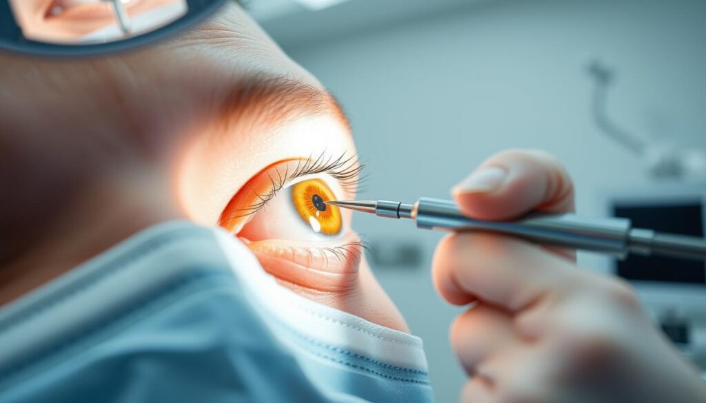 A close-up view of a skilled surgeon's hands performing delicate eye surgery in a state-of-the-art operating theater in Singapore. The patient's eye is gently held open, illuminated by a focused beam of bright, sterile lighting. The surgeon's movements are steady and precise, using a small, specialized instrument to carefully manipulate the inner structures of the eye. The background is a blur of crisp, clean medical equipment and the sterile white walls of the operating room, conveying a sense of professionalism and advanced medical expertise.
