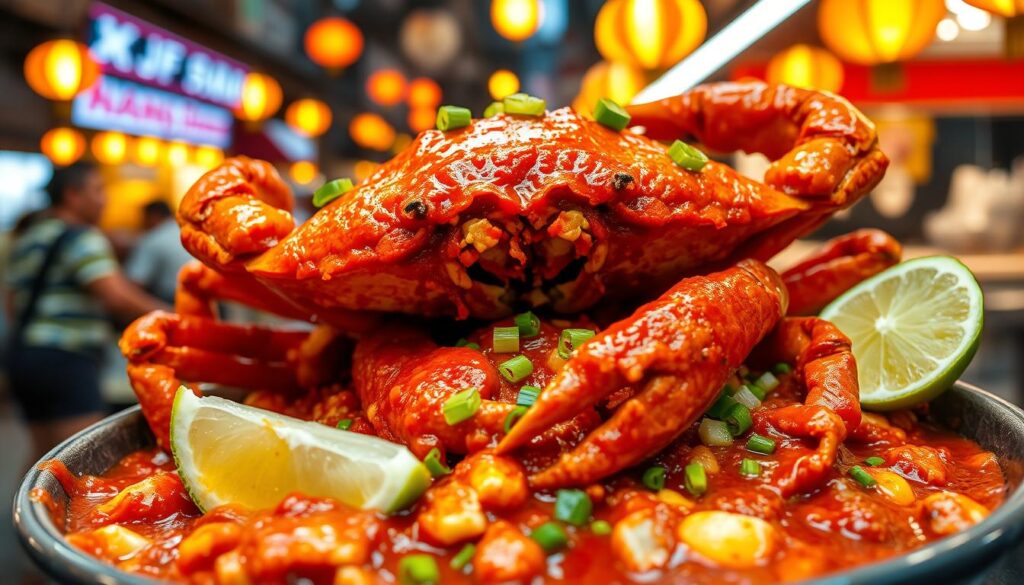 A close-up view of a steaming hot plate of chili crab, a famous Singaporean seafood dish. The plump, juicy crab is coated in a thick, glossy, and vibrant red chili sauce, with hints of garlic and shallots. The crab is expertly cracked, revealing its tender, sweet meat. Garnished with chopped scallions and a wedge of fresh lime, the dish is set against the backdrop of a bustling Singapore street scene, with the warm glow of lanterns and the sound of lively chatter in the air. The image is captured with a shallow depth of field, putting the focus squarely on the mouthwatering chili crab.