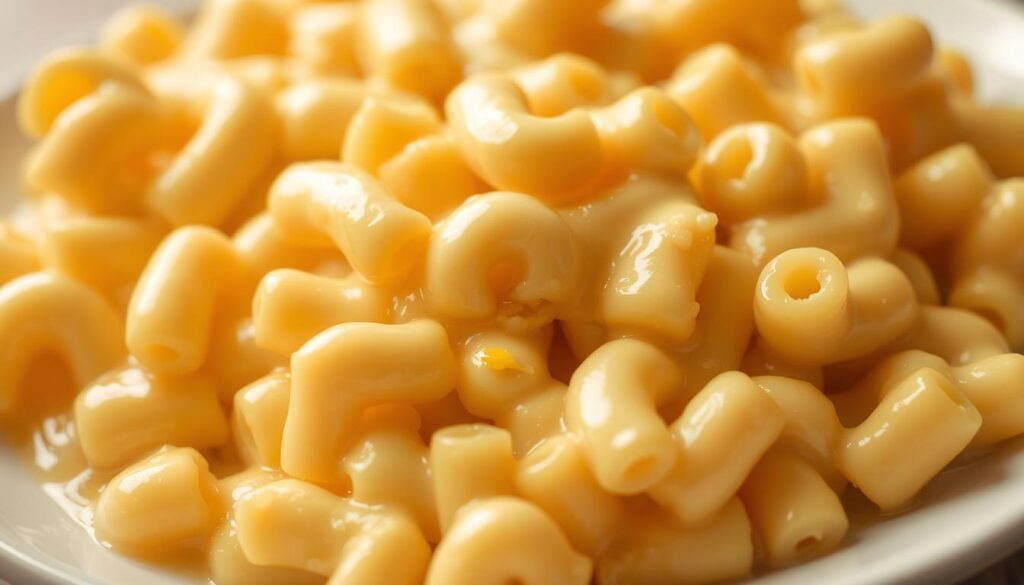 A close-up view of a steaming plate of creamy, velvety mac and cheese, the elbow pasta noodles coated in a thick, decadent cheese sauce that glistens under the warm lighting. The sauce has a silky, luxurious texture, with small, melted pockets of cheddar cheese visible throughout. The dish is plated on a simple, white ceramic dish, allowing the vibrant, golden-yellow color of the cheese to take center stage. The lighting is soft and diffused, creating a cozy, inviting atmosphere that complements the comforting nature of the classic dish. The camera angle is slightly angled, drawing the viewer's eye directly to the creamy, tempting mac and cheese.