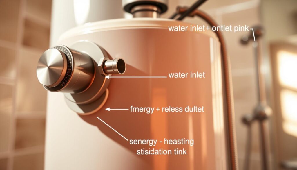 A close-up view of the key features in a modern water heater, showcased against a softly blurred background. In the foreground, the temperature control dial, pressure release valve, and water inlet and outlet ports are clearly visible, rendered in muted metallic tones. The middle ground highlights the insulated tank and the energy-efficient heating element, while the background subtly suggests a domestic bathroom setting, with hints of tile and plumbing fixtures. The lighting is warm and natural, casting gentle shadows and highlights to accentuate the functional details. The overall composition is clean, balanced, and focused on highlighting the essential components that discerning consumers should consider when selecting a reliable water heater.