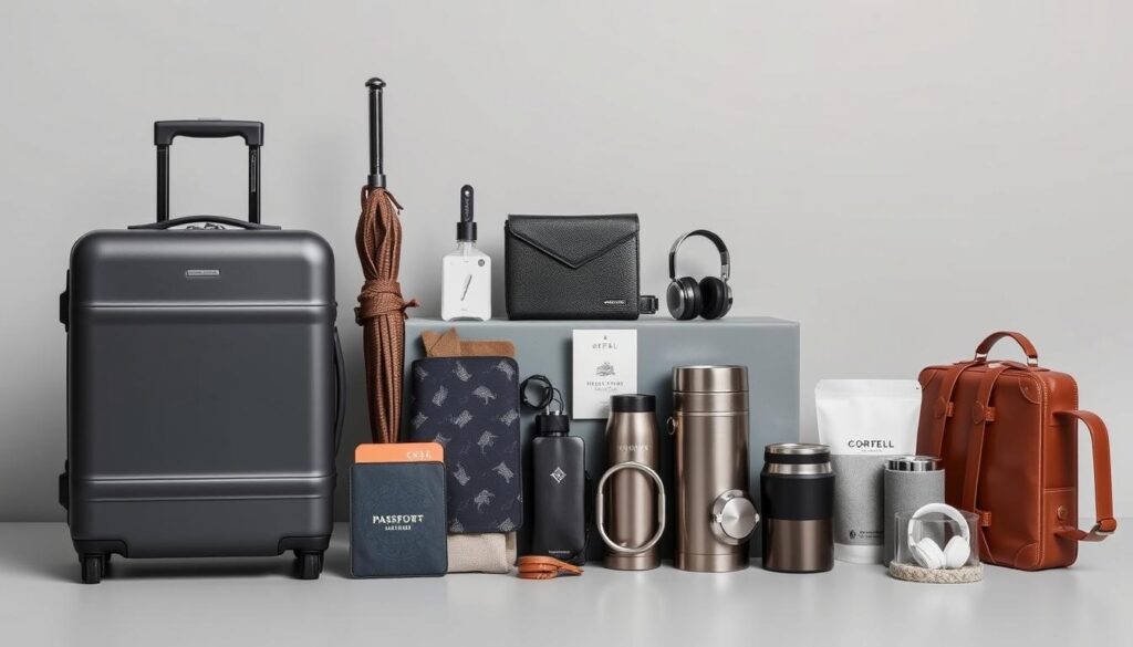 A collection of expertly curated travel-themed corporate gifts displayed against a clean, minimalist background. In the foreground, a sleek, modern suitcase in a sophisticated color palette sits alongside neatly arranged items such as a high-quality leather passport holder, a stylish compact umbrella, and a set of elegant luggage tags. The middle ground features a selection of thoughtfully designed items, including a portable charger, noise-cancelling headphones, and a premium travel mug. In the background, a muted gradient or solid color backdrop complements the refined, professional aesthetic, creating a visually striking and aspirational scene.