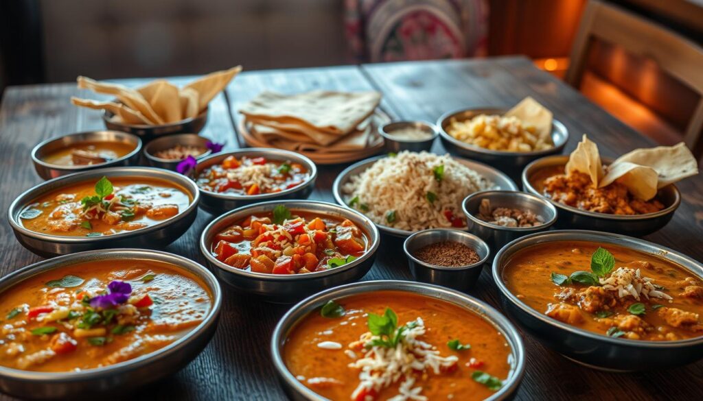 A colorful and vibrant platter of authentic South Indian vegetarian dishes, artfully arranged on a rustic wooden table. In the foreground, steaming bowls of dal, curried vegetables, and fragrant rice dishes with fresh chutneys. Garnished with delicate herbs, edible flowers, and a sprinkle of toasted coconut. The middle ground features freshly baked naan and crispy poppadoms, accompanied by small bowls of spices and condiments. The background is softly lit, with warm, diffused lighting casting a cozy, inviting glow over the scene. The overall atmosphere evokes the rich culinary traditions and vibrant flavors of South Indian vegetarian cuisine.