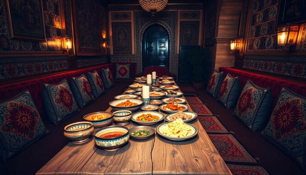 A cozy and authentic Turkish dining scene, with a warm, inviting atmosphere. In the foreground, a rustic wooden table is set with traditional Turkish crockery, including ornate ceramic bowls and plates, filled with an array of delectable Turkish dishes. The middle ground features plush, cushioned banquettes lining the walls, adorned with vibrant Turkish textiles and tapestries. The background showcases ornate architectural elements, such as intricate tiled walls and arched doorways, illuminated by soft, ambient lighting. The overall scene evokes the rich cultural heritage and captivating ambiance of a traditional Turkish dining experience.