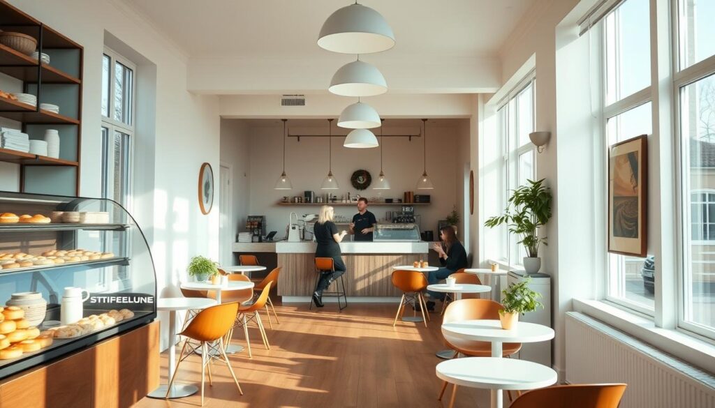 A cozy and charming Swedish cafe, with soft natural lighting filtering through large windows. The interior features wooden floors, white walls, and minimalist Scandinavian furnishings - sleek chairs, small round tables, and simple pendant lamps. In the foreground, a display case showcases an assortment of traditional Swedish pastries and baked goods, while baristas prepare aromatic coffee beverages behind a modern counter. The middle ground captures patrons enjoying their meals and drinks, creating a warm, relaxed atmosphere. In the background, a few potted plants and simple wall decor complete the serene, hygge-inspired ambiance.
