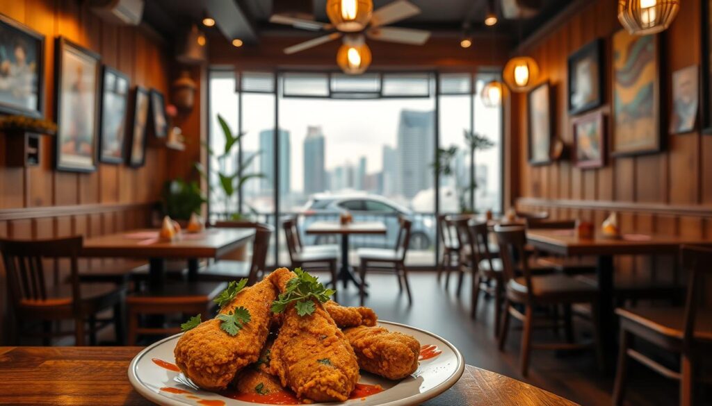 A cozy and inviting Indonesian restaurant in Singapore, Fangko House, where the star dish is their mouthwatering fried chicken. In the foreground, a plate of golden-crisp chicken, garnished with fresh herbs and a vibrant sambal sauce. The middle ground features the restaurant's warm, rustic interior, with wooden tables and chairs, and walls adorned with traditional Indonesian art and decor. In the background, a bustling city skyline can be seen through the large windows, creating a dynamic contrast between the calm, homey atmosphere and the dynamic energy of Singapore. The lighting is soft and inviting, casting a warm glow over the scene, and the overall mood is one of comfort, authenticity, and bold, flavorful cuisine.