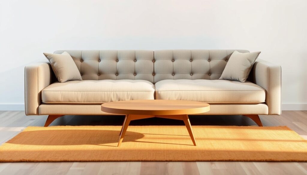 A cozy and modern sofa bed set against a minimalist backdrop. In the foreground, a plush, tufted sofa with clean lines and a neutral color palette. Soft lighting casts a warm glow, highlighting the sleek design and inviting texture. In the middle ground, a wooden coffee table complements the sofa, while a warm-toned rug grounds the scene. The background features a simple, white wall, allowing the sofa to take center stage. The overall atmosphere is one of comfort and sophistication, showcasing the versatility and practicality of a high-quality sofa bed.