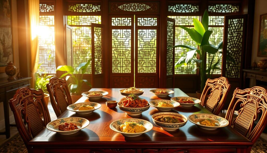 A cozy and nostalgic Peranakan dining scene, bathed in warm, golden lighting. In the foreground, a traditional wooden table is set with intricate porcelain plates, serving up vibrant, aromatic Peranakan dishes. Ornate rattan chairs surround the table, evoking a sense of timeless elegance. The middle ground features intricately patterned Peranakan tiles, leading the eye towards a backdrop of intricately carved wooden screens and lush, tropical foliage peeking through large windows. The atmosphere is one of tranquil comfort and a celebration of Peranakan heritage, inviting the viewer to step into a moment of nostalgic indulgence.
