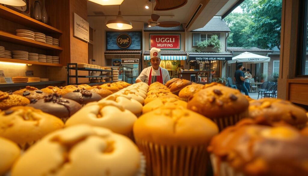 A cozy bakery interior with warm lighting, showcasing a display of freshly baked "Uggli Muffins" in Toa Payoh, Singapore. The muffins feature unique and vibrant flavors, with a mix of classic and innovative varieties. The foreground focuses on the artfully arranged pastries, their golden-brown tops and crumbly textures inviting the viewer to take a closer look. In the middle ground, a friendly baker is seen interacting with customers, highlighting the bakery's dedication to personalized service and traditional craftsmanship. The background depicts the charming neighborhood of Toa Payoh, with its quaint shophouses and lush greenery, creating a sense of nostalgia and community. The overall scene conveys a warm, welcoming atmosphere that reflects the bakery's legacy of delighting customers with their exceptional muffins since 1969.