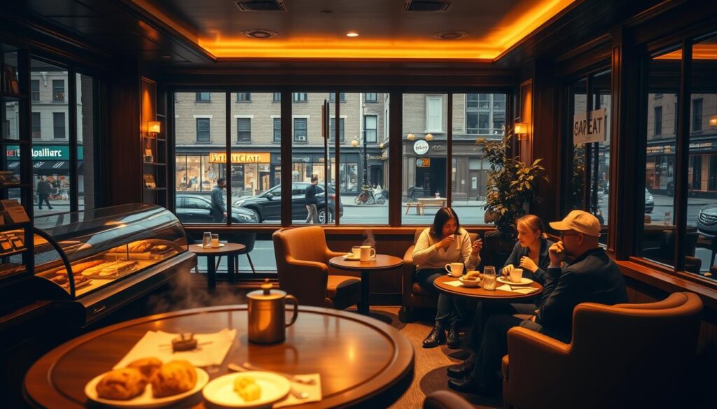 A cozy café nestled in a warm, inviting atmosphere. The interior is bathed in soft, golden lighting, casting a gentle glow on the wooden furnishings and plush armchairs. In the foreground, a group of friends gather around a small, round table, sipping steaming beverages and savoring hearty dishes. The middle ground features a counter lined with an array of freshly baked pastries and tempting desserts, while the background reveals floor-to-ceiling windows overlooking a bustling city street outside. The overall mood is one of comfort, community, and a sense of being transported to a charming, intimate space.