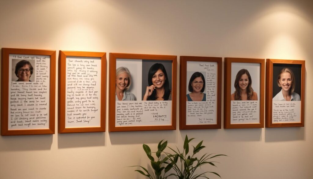 A cozy clinic interior, soft lighting illuminating a row of framed patient testimonials on the wall. The frames are made of warm-toned wood, each one showcasing a heartfelt handwritten note or typed message. Patients of varying ages and backgrounds smile from the photographs, radiating gratitude and satisfaction. The testimonials are arranged in an inviting, gallery-like display, highlighting the clinic's exceptional care and the positive experiences of its diverse clientele. A subtle potted plant or decorative accent adds a touch of natural elegance to the scene, creating an atmosphere of comfort and professionalism.